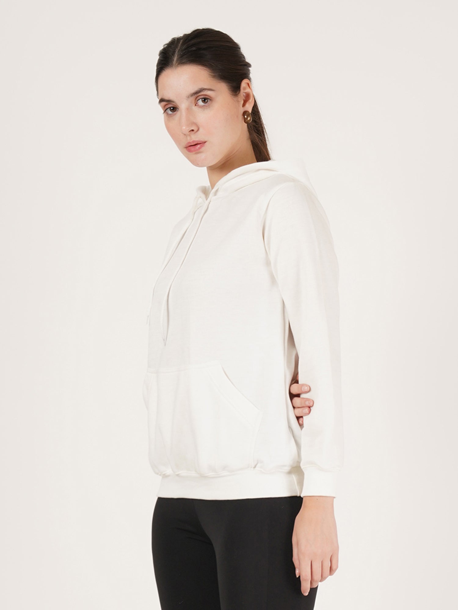 Women White Cotton Hooded Long Sleeves Pullover Sweatshirt