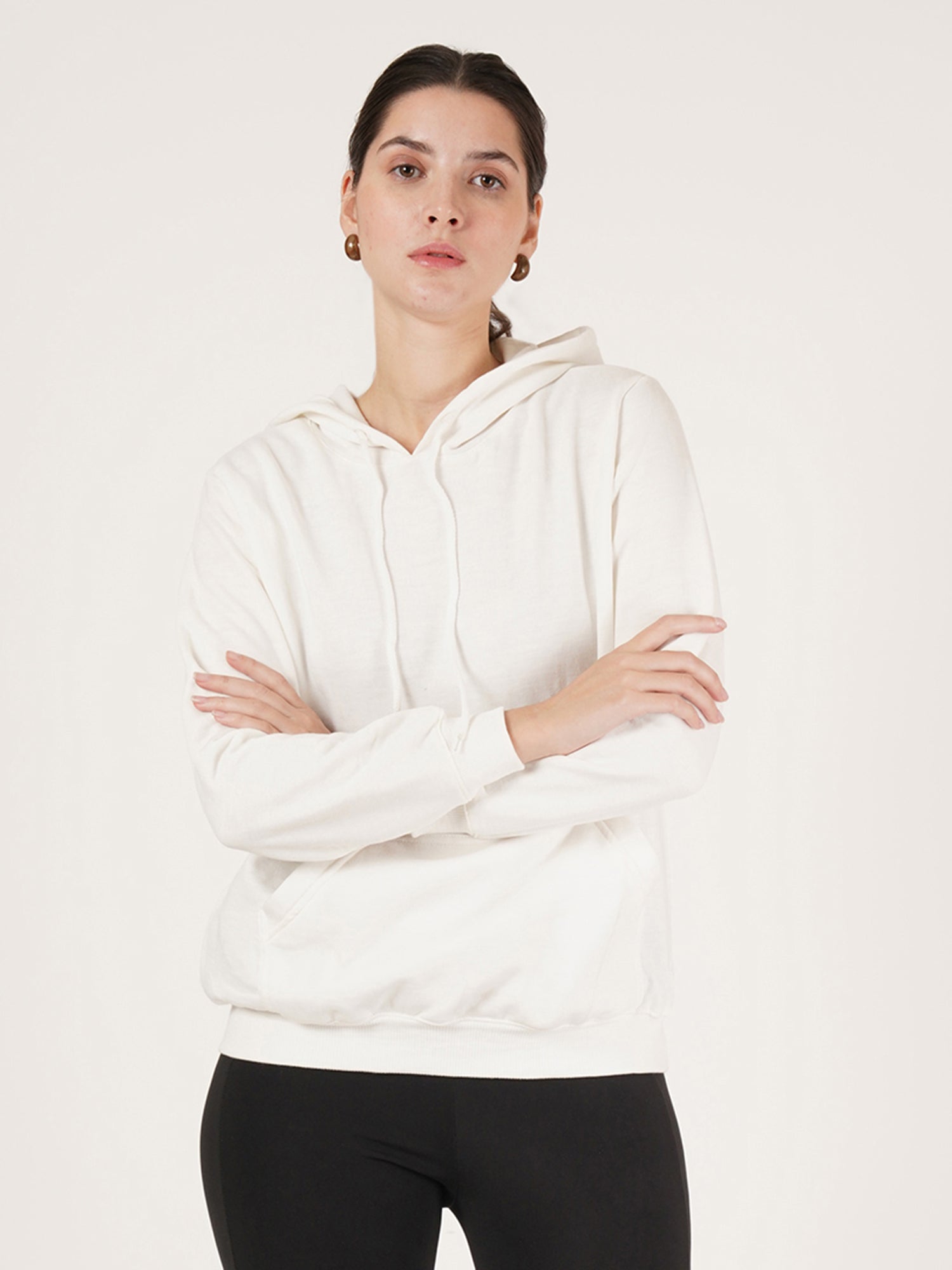 Women White Cotton Hooded Long Sleeves Pullover Sweatshirt