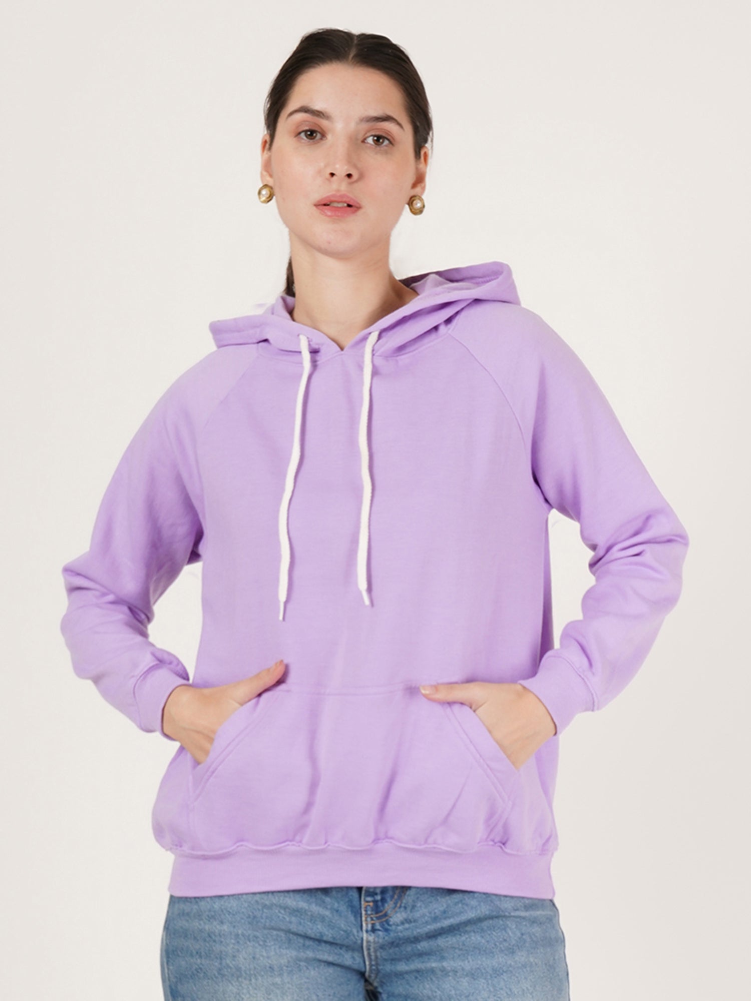 Women Purple Cotton Hooded Long Sleeves Pullover Sweatshirt