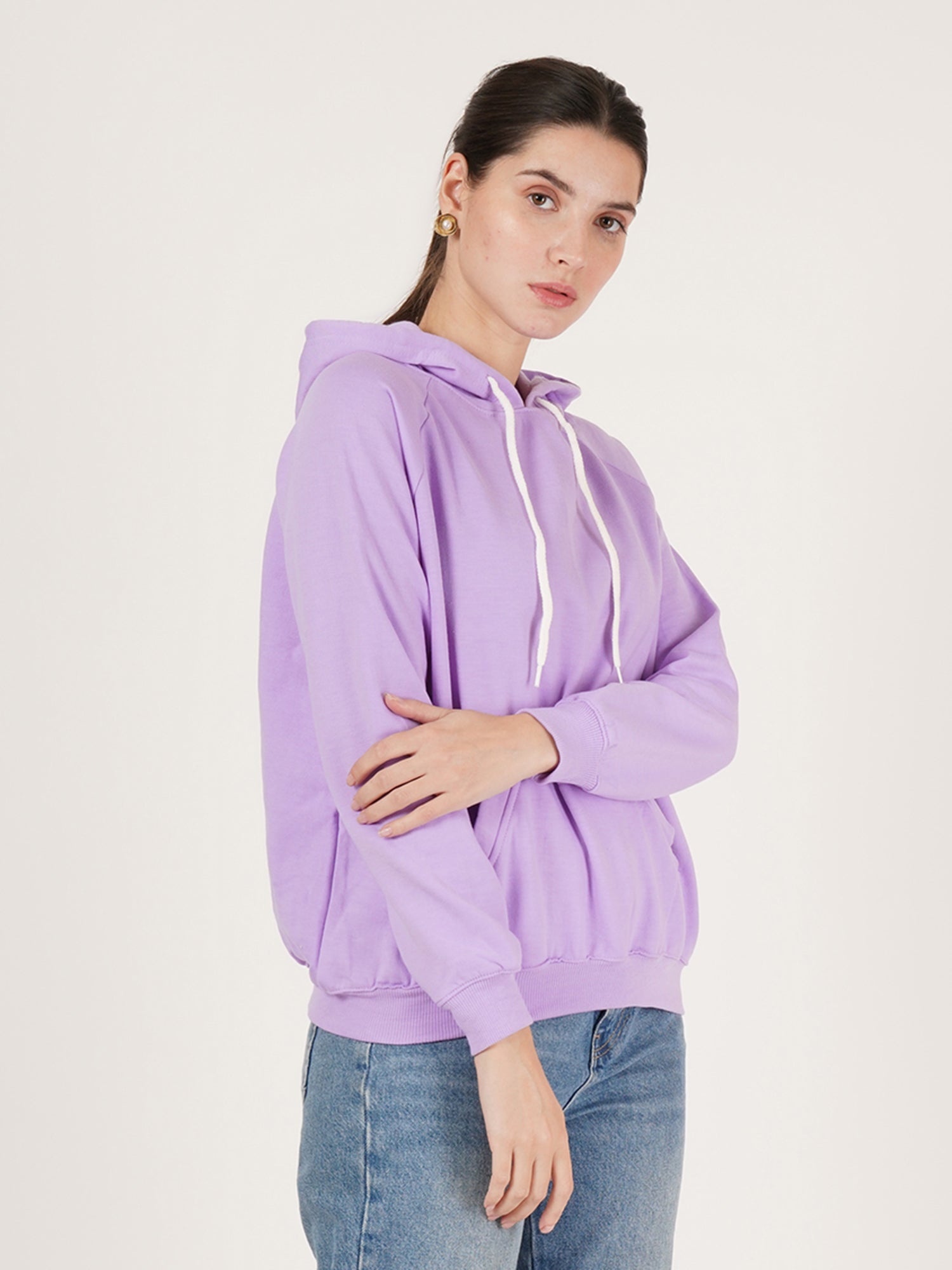 Women Purple Cotton Hooded Long Sleeves Pullover Sweatshirt