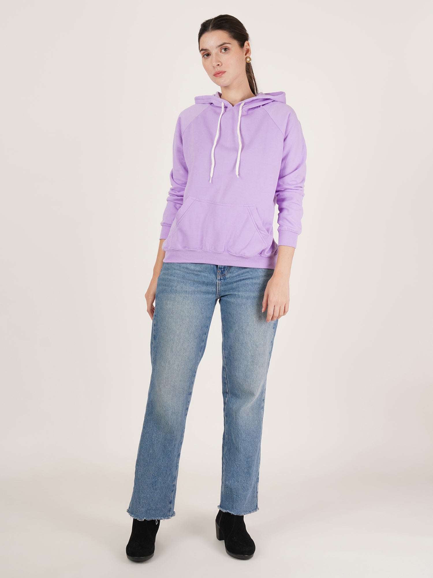 Women Purple Cotton Hooded Long Sleeves Pullover Sweatshirt