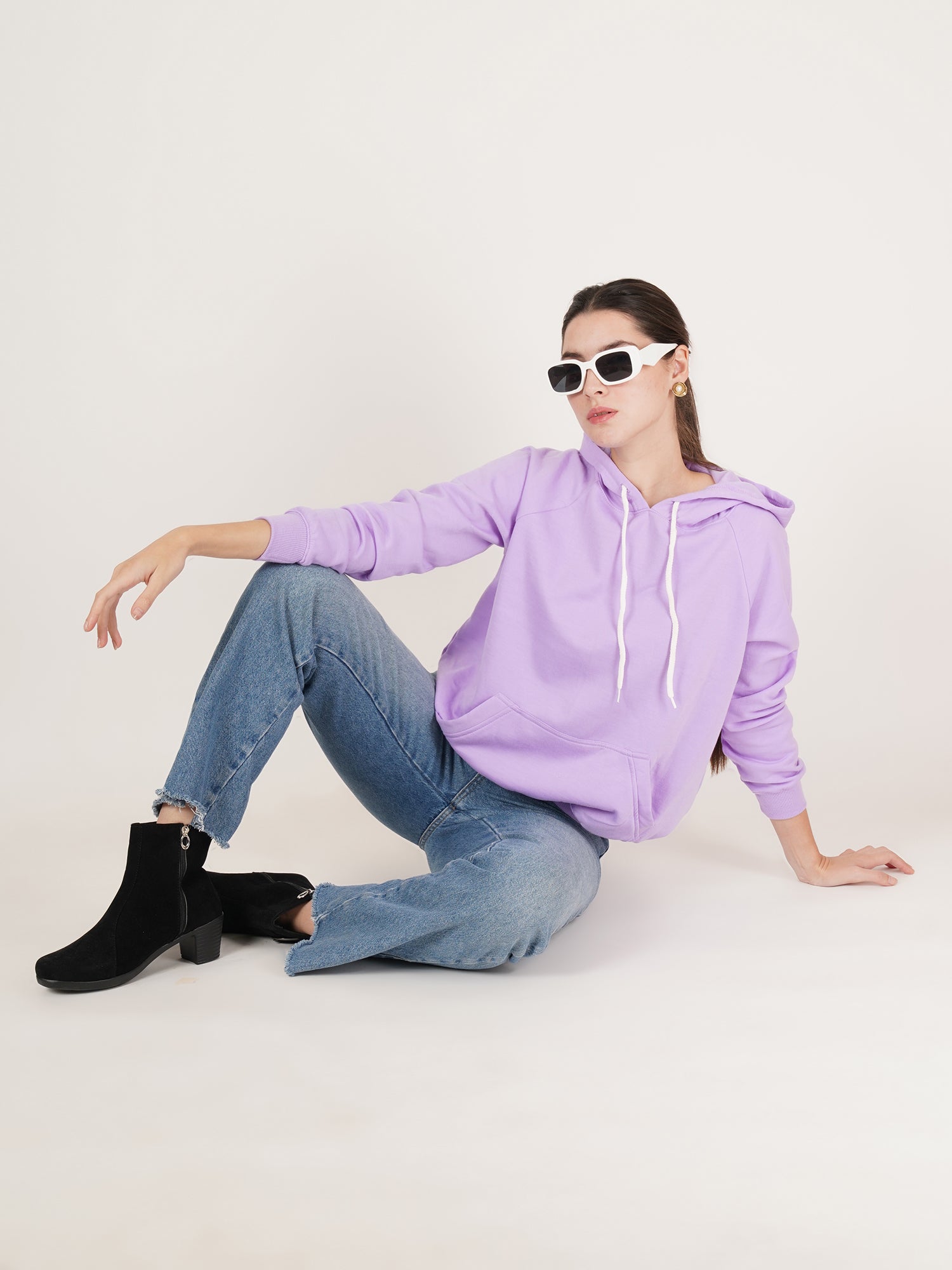 Women Purple Cotton Hooded Long Sleeves Pullover Sweatshirt