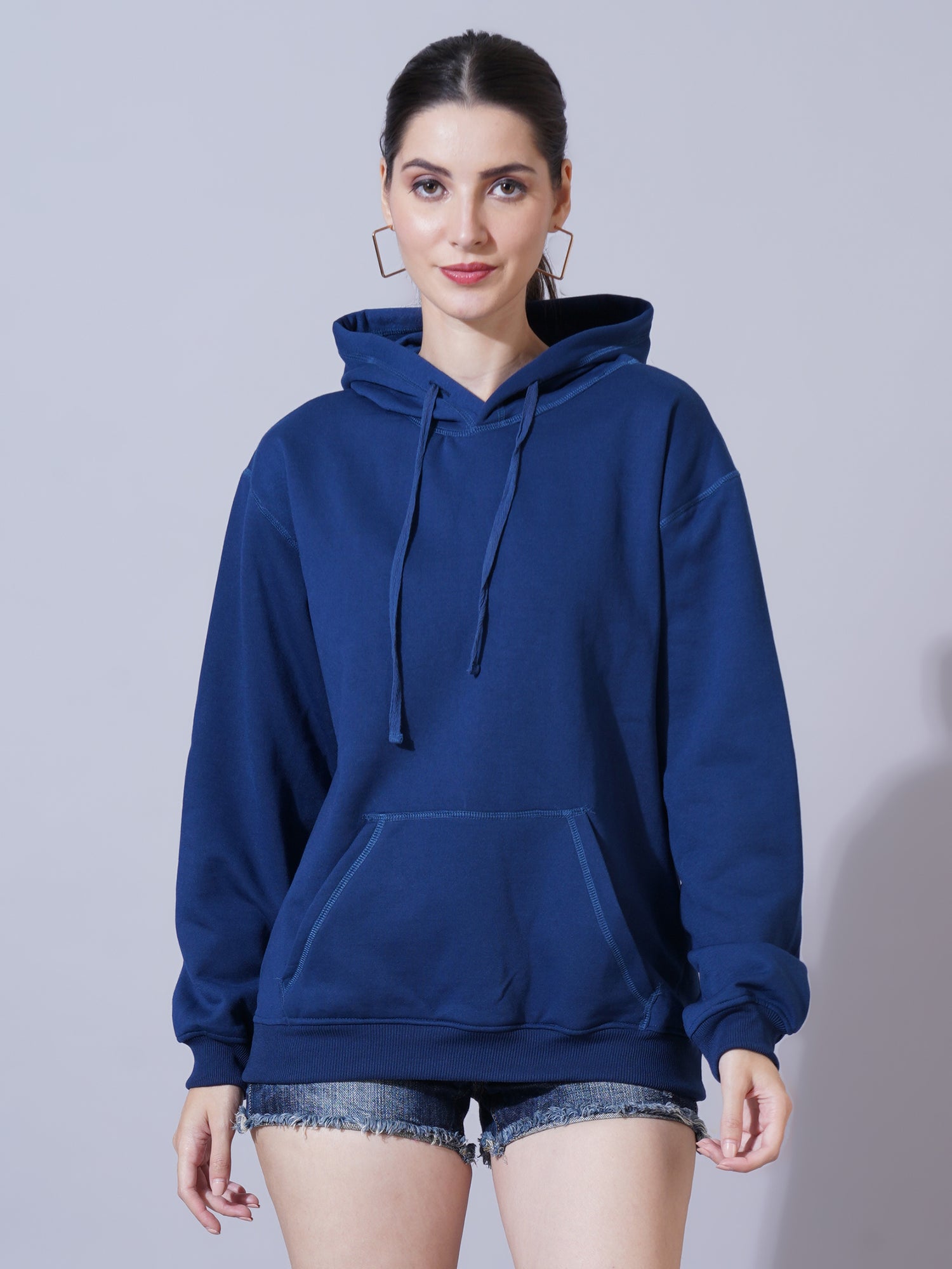 Women Navy Blue Hooded Sweatshirt