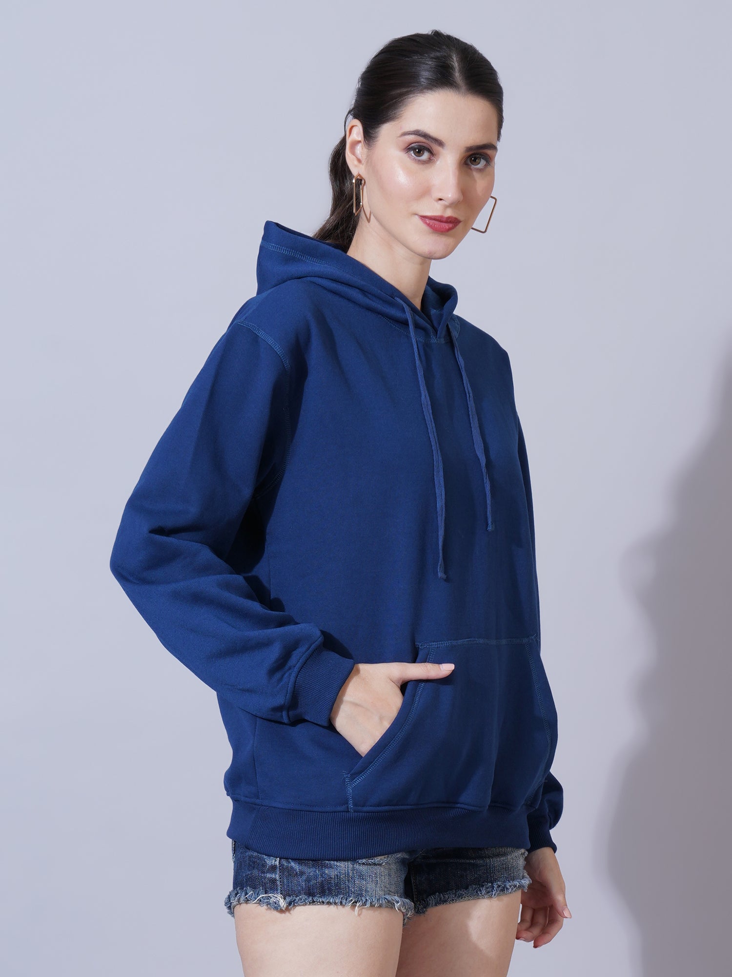 Women Navy Blue Hooded Sweatshirt