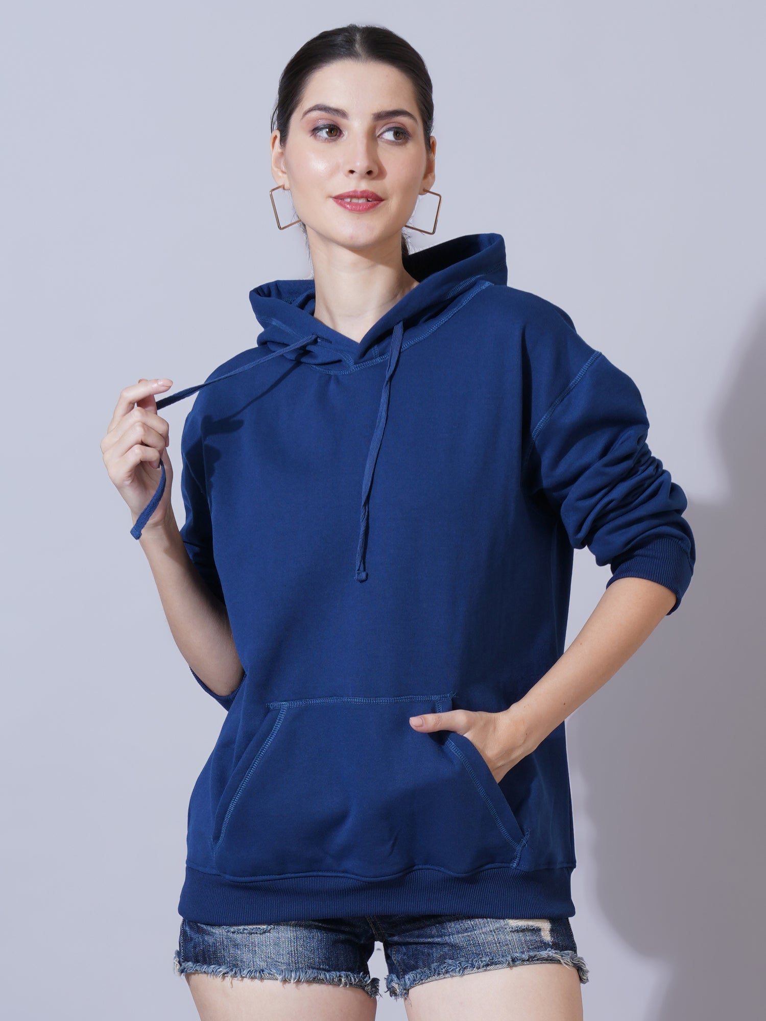 Women Navy Blue Hooded Sweatshirt