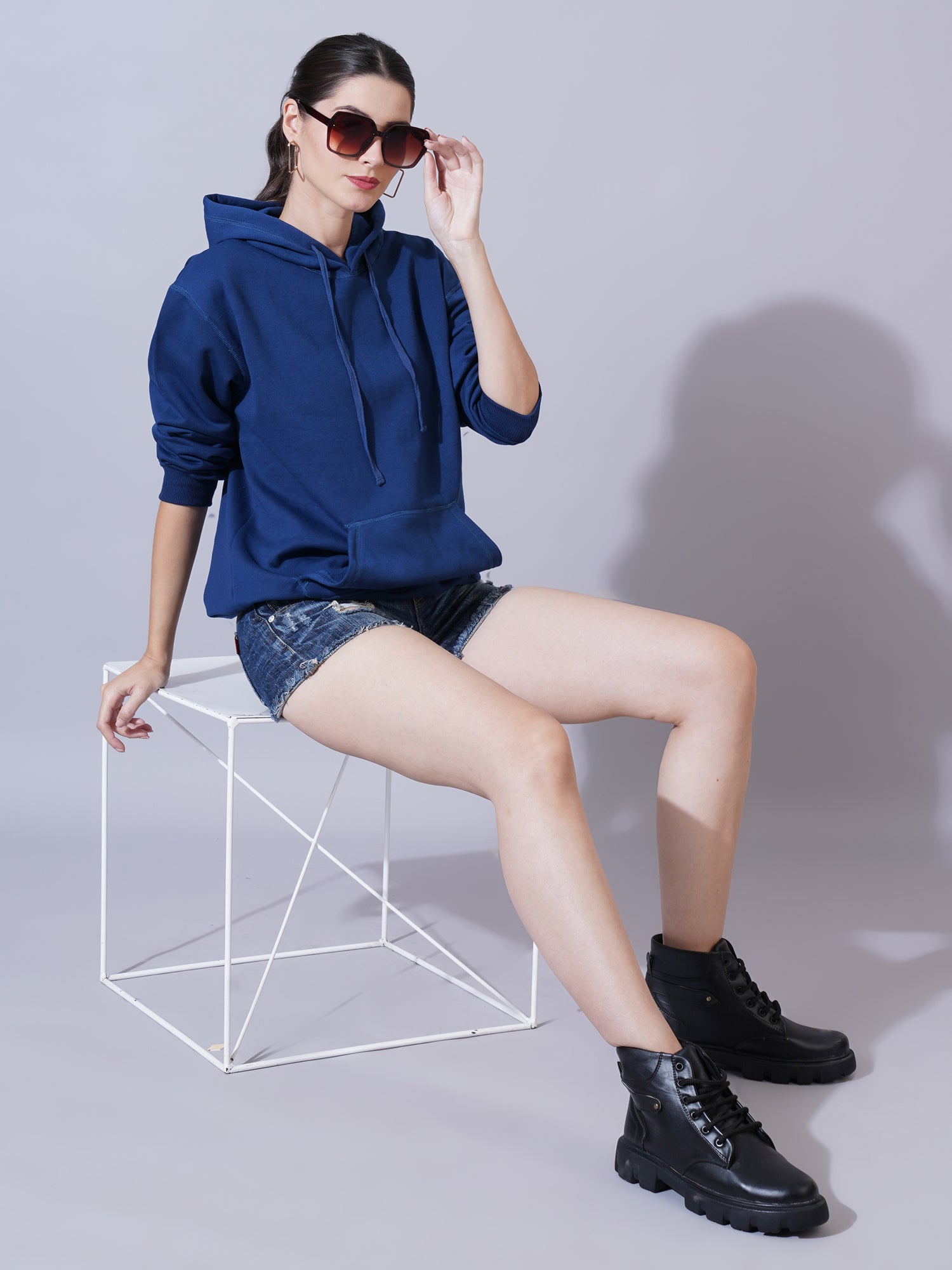 Women Navy Blue Hooded Sweatshirt