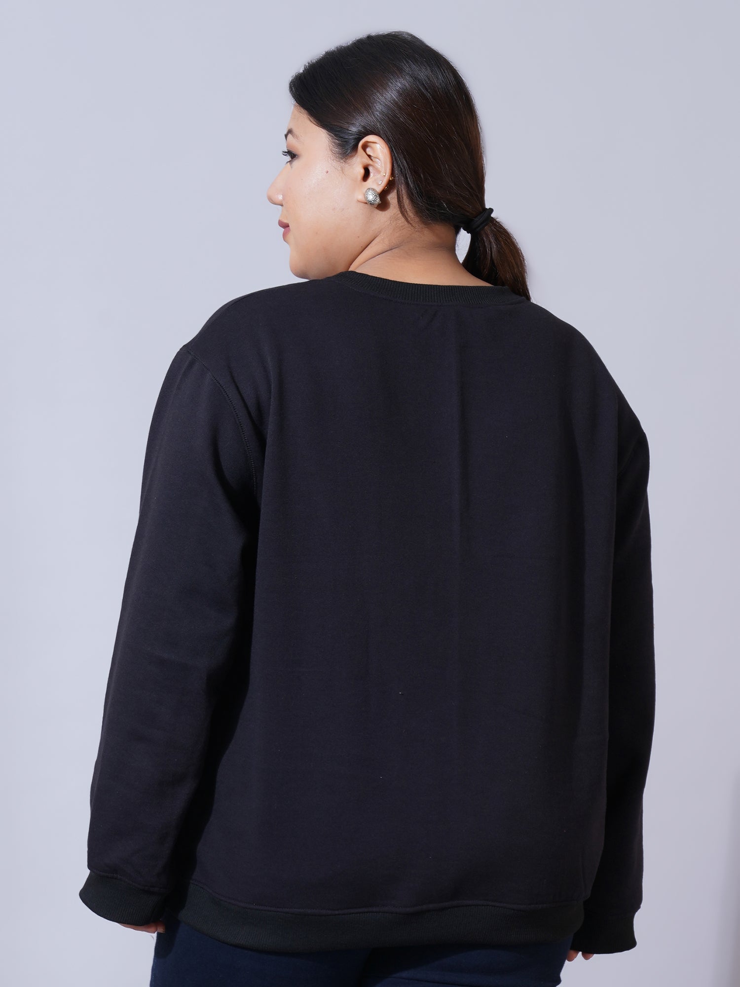 Women Plus size Black Cotton Pullover Sweatshirt