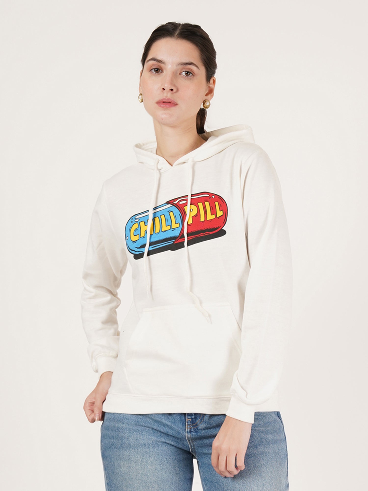 Women White printed Cotton Hooded Long Sleeves Pullover Sweatshirt