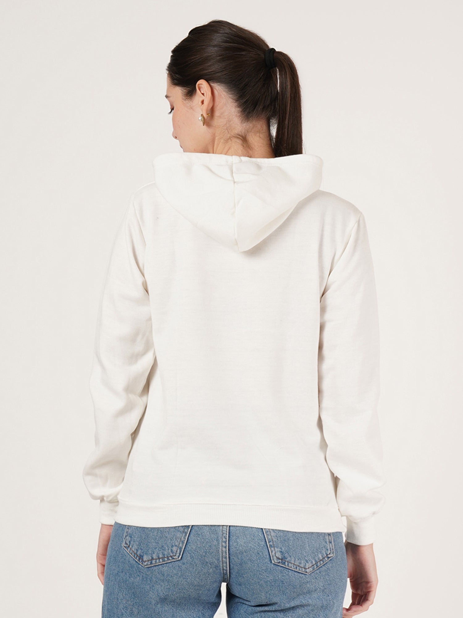 Women White printed Cotton Hooded Long Sleeves Pullover Sweatshirt