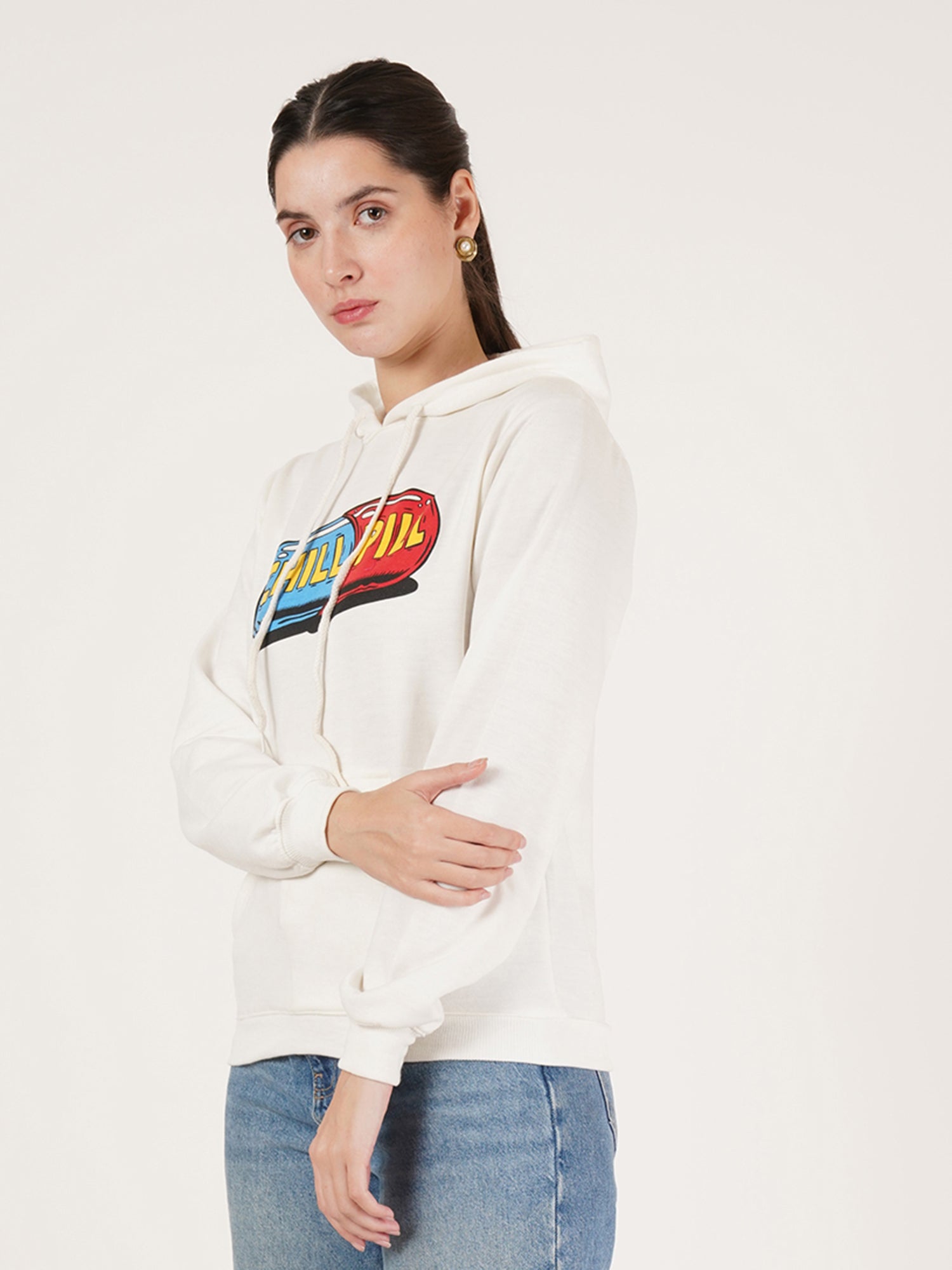 Women White printed Cotton Hooded Long Sleeves Pullover Sweatshirt