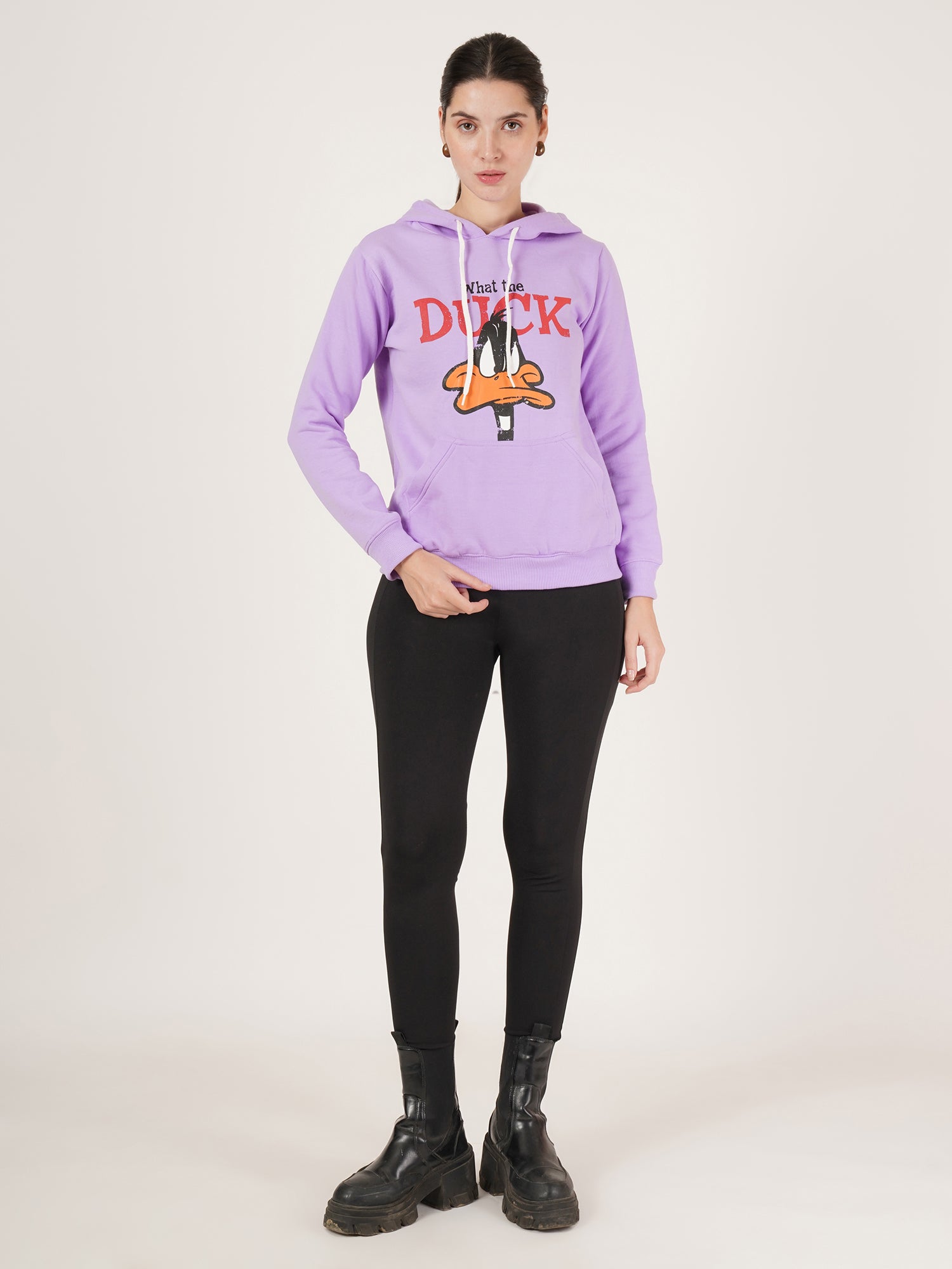 Women Purple printed Cotton Hooded Long Sleeves Pullover Sweatshirt