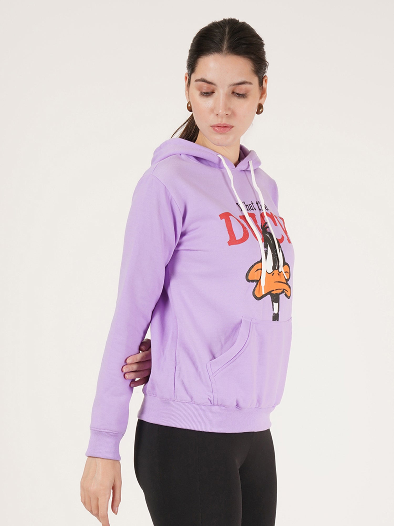 Women Purple printed Cotton Hooded Long Sleeves Pullover Sweatshirt