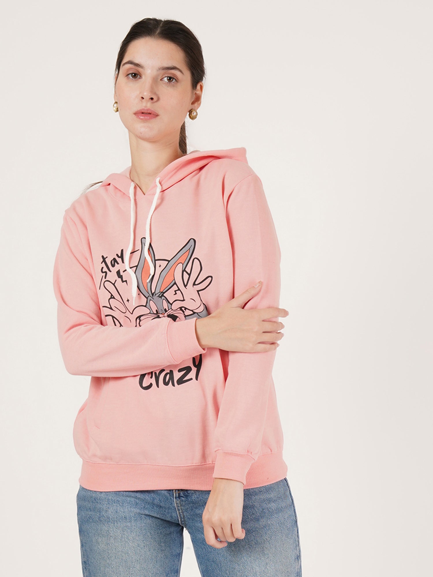 Women Peach printed Cotton Hooded Long Sleeves Pullover Sweatshirt