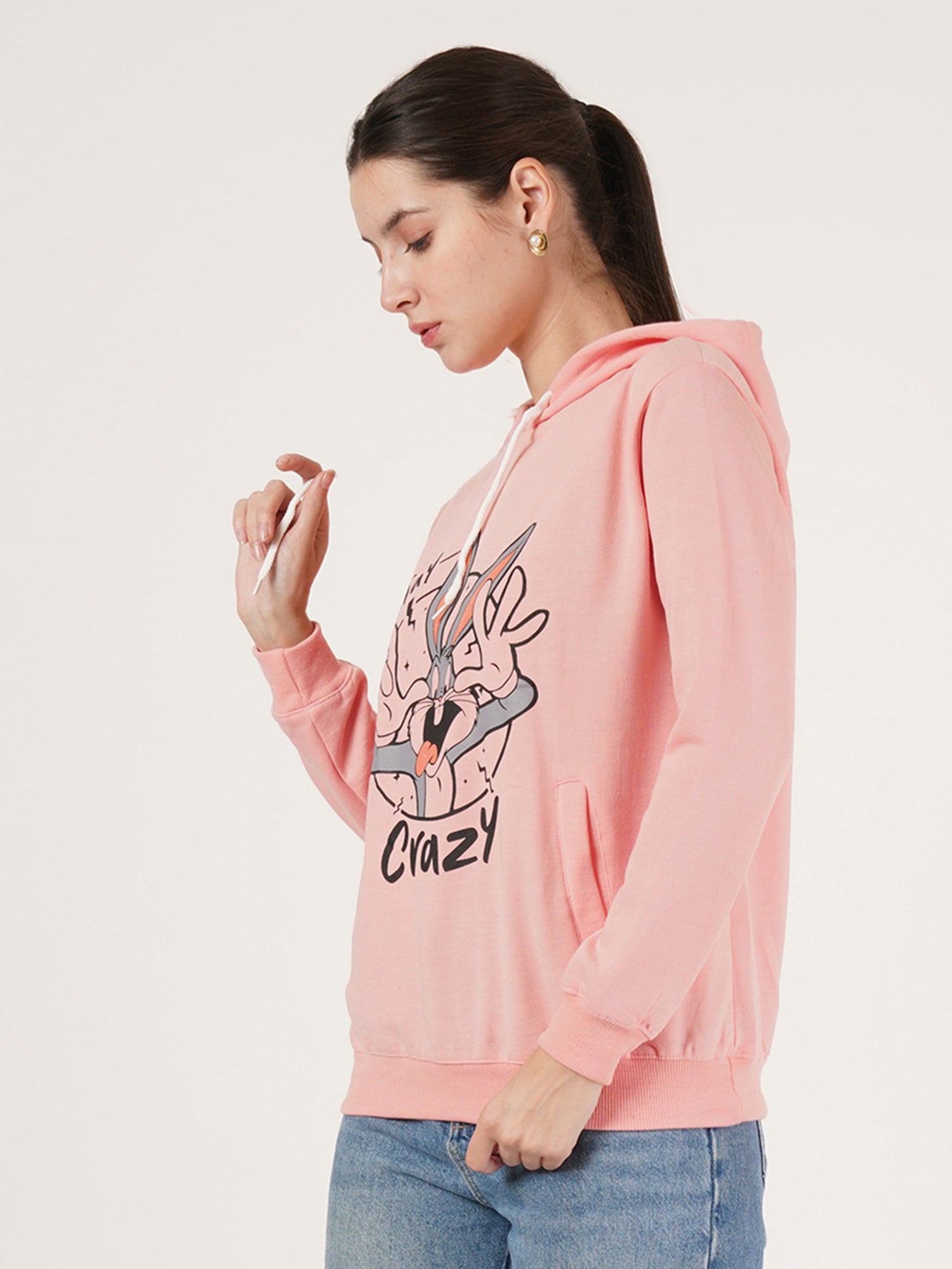 Women Peach printed Cotton Hooded Long Sleeves Pullover Sweatshirt