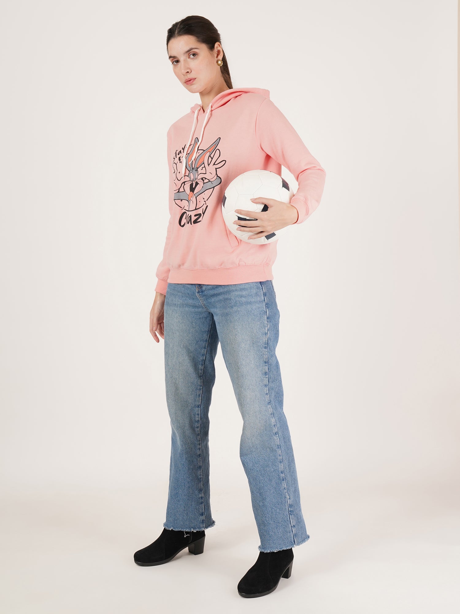 Women Peach printed Cotton Hooded Long Sleeves Pullover Sweatshirt