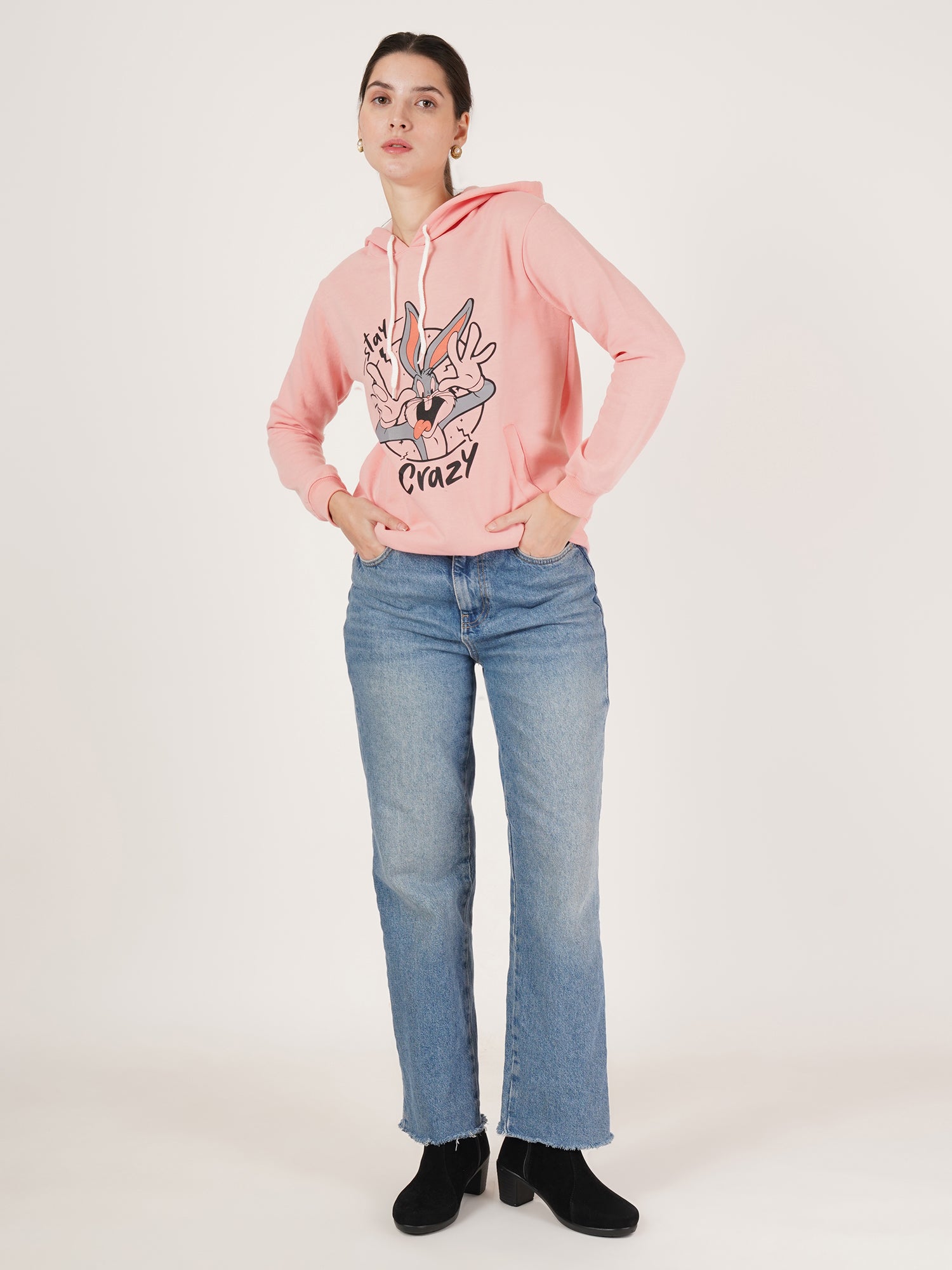 Women Peach printed Cotton Hooded Long Sleeves Pullover Sweatshirt