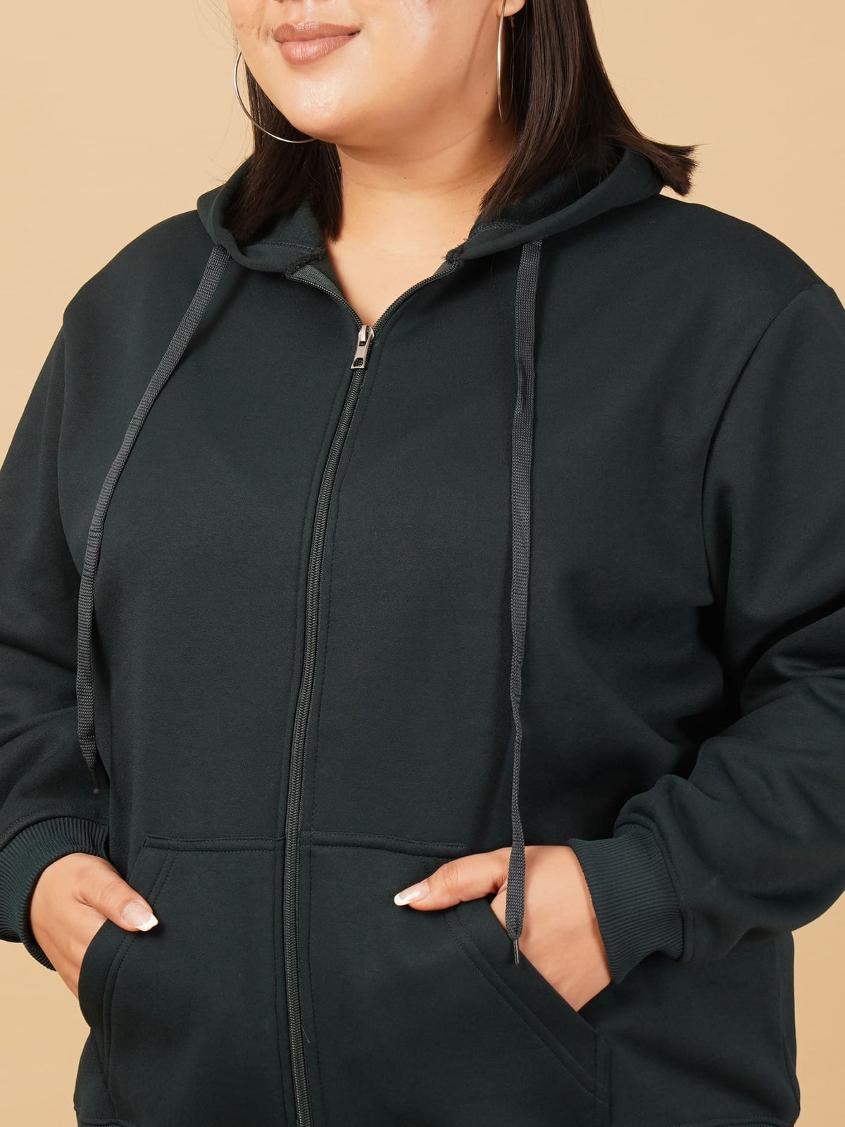 U&F Beyond Plus Size Cotton Green Solid Zip-Up Hooded Sweatshirt