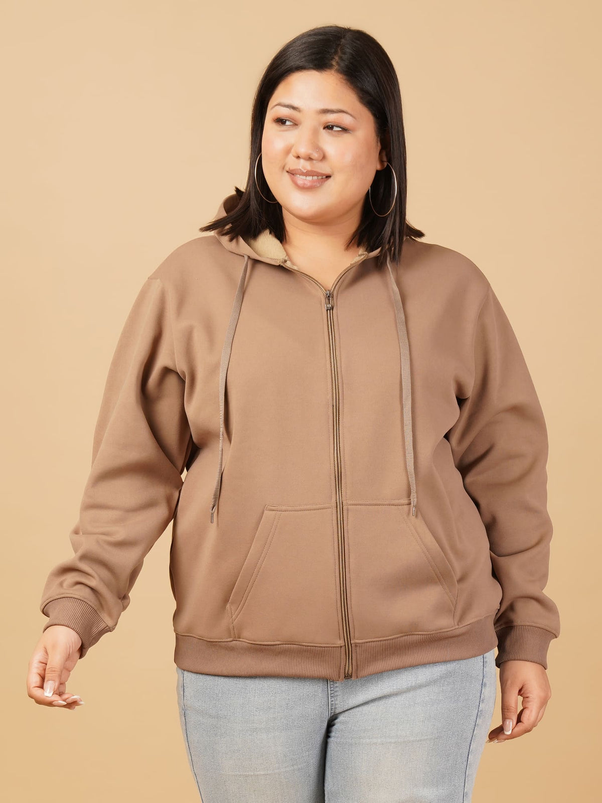U&F Beyond Plus Size Cotton Brown Solid Zip-Up Hooded Sweatshirt