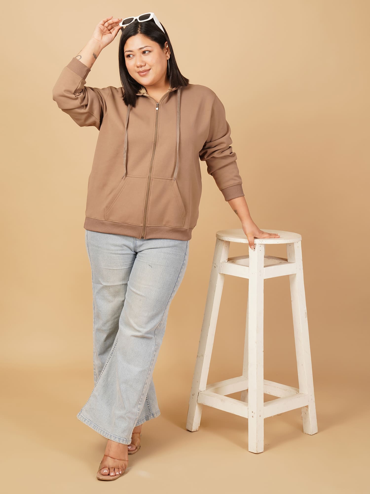 U&F Beyond Plus Size Cotton Brown Solid Zip-Up Hooded Sweatshirt
