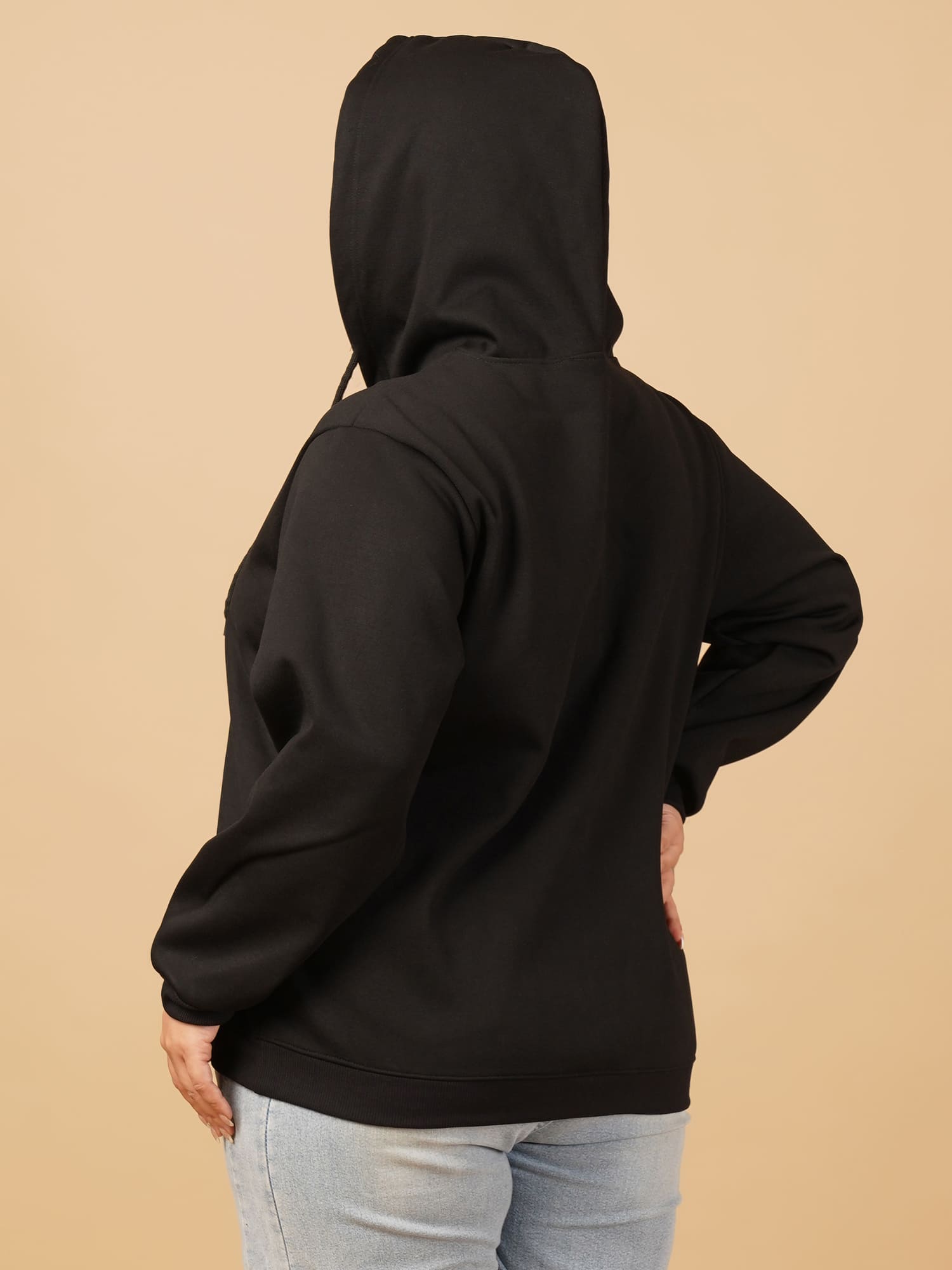 U&F Beyond Plus Size Cotton Black Solid Zip-Up Hooded Sweatshirt