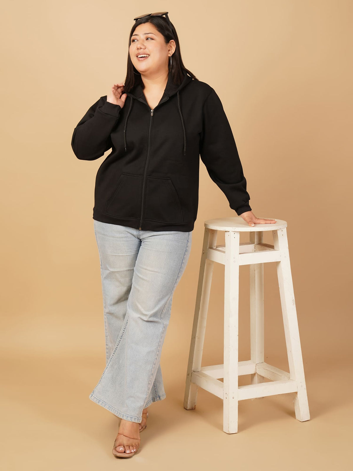 U&F Beyond Plus Size Cotton Black Solid Zip-Up Hooded Sweatshirt