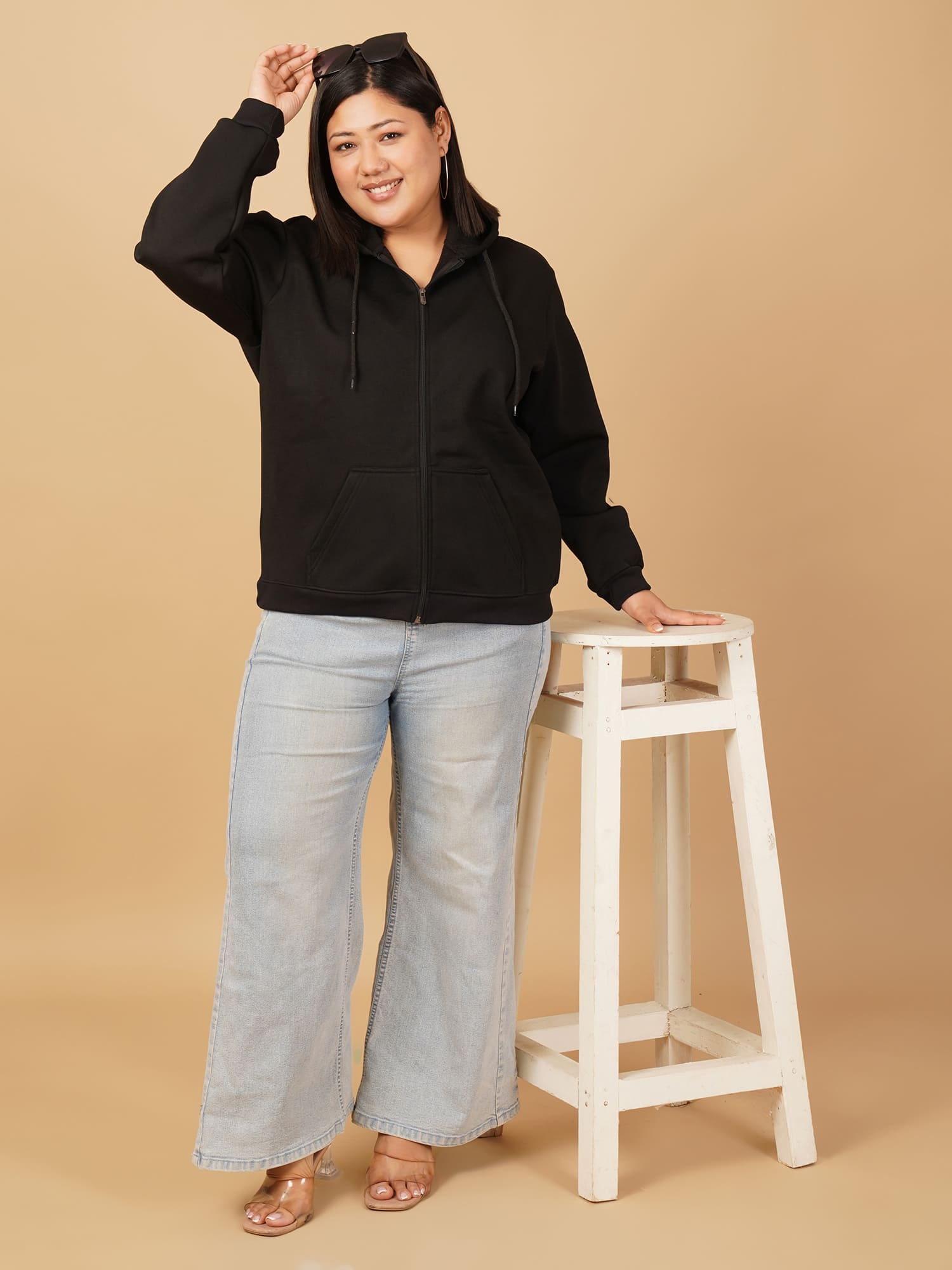 U&F Beyond Plus Size Cotton Black Solid Zip-Up Hooded Sweatshirt