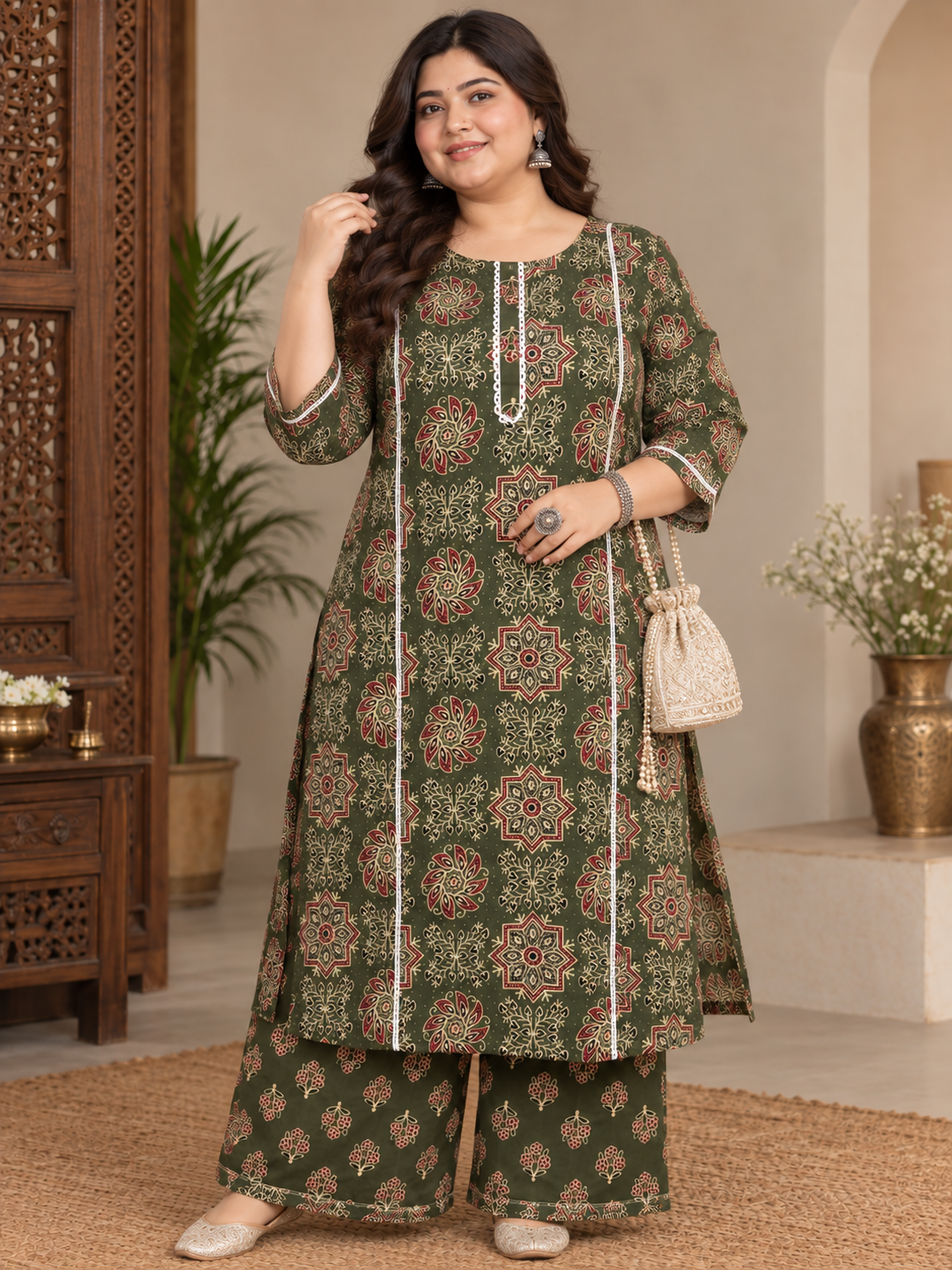 U&F Beyond Plus Size Women Olive Green Printed Cotton Kurta Palazzo Set