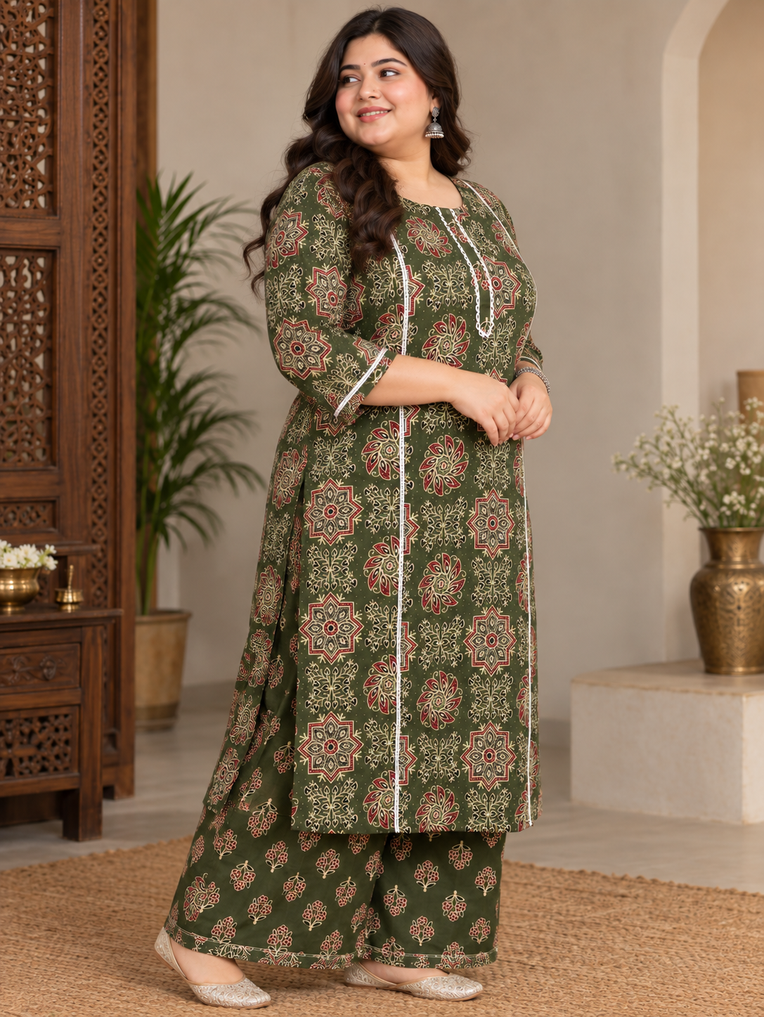 U&F Beyond Plus Size Women Olive Green Printed Cotton Kurta Palazzo Set