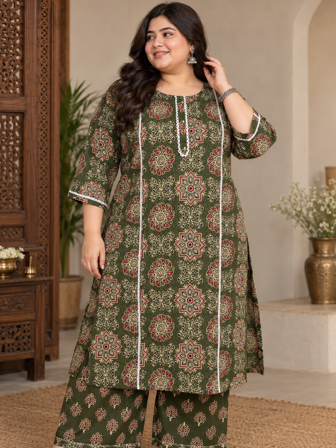 U&F Beyond Plus Size Women Olive Green Printed Cotton Kurta Palazzo Set