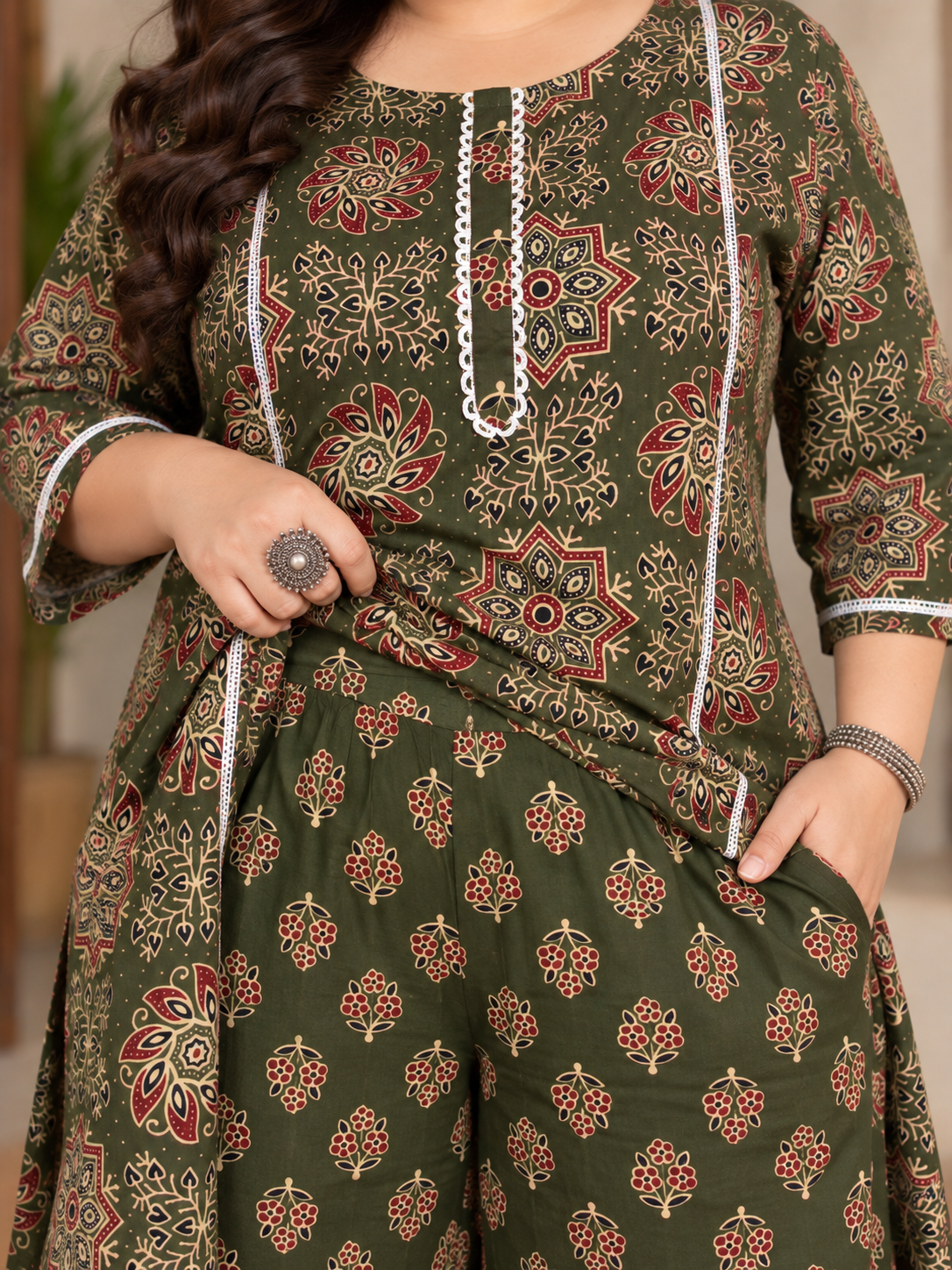 U&F Beyond Plus Size Women Olive Green Printed Cotton Kurta Palazzo Set