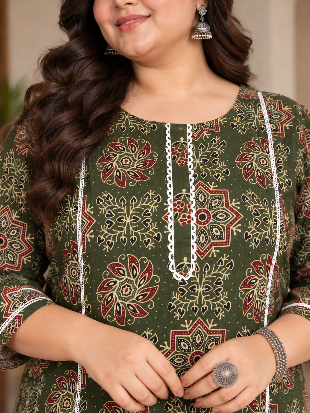 U&F Beyond Plus Size Women Olive Green Printed Cotton Kurta Palazzo Set