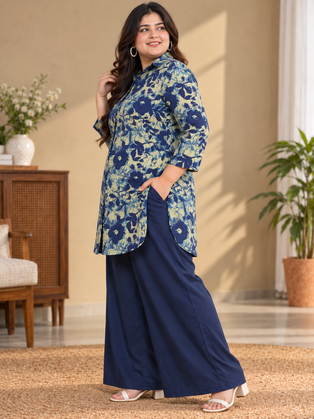 U&F Beyond Women Plus-Size Blue Floral Printed Cotton Kurta with Wide-Leg Pants Set