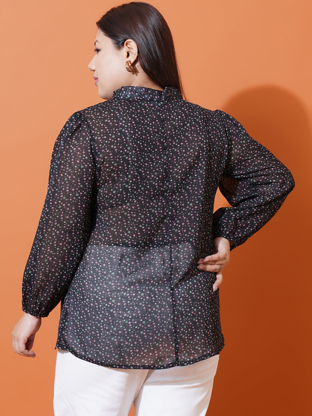 Women Plus Size Floral georgette Tie-Up Neck Top