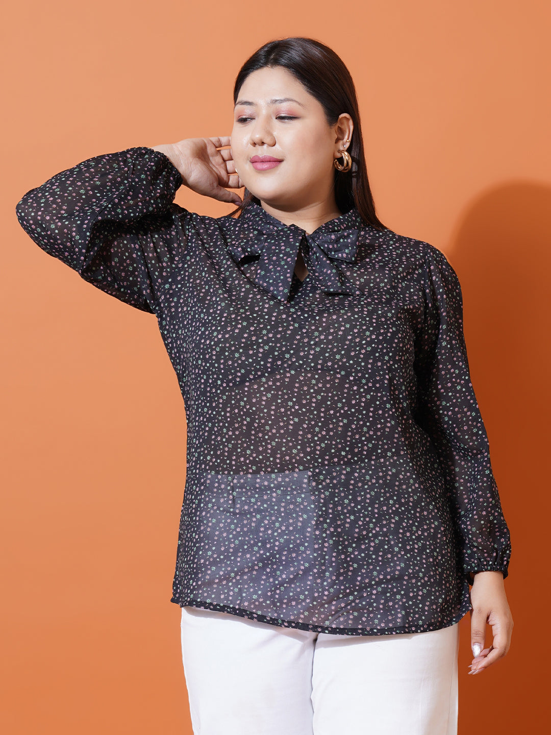 Women Plus Size Floral georgette Tie-Up Neck Top