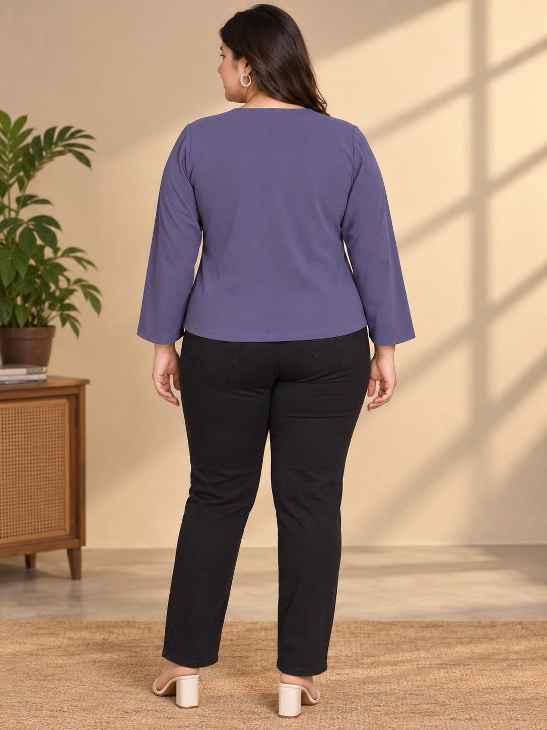 U&F Beyond Women Plus size Solid Purple Square Neck Button-Front Top