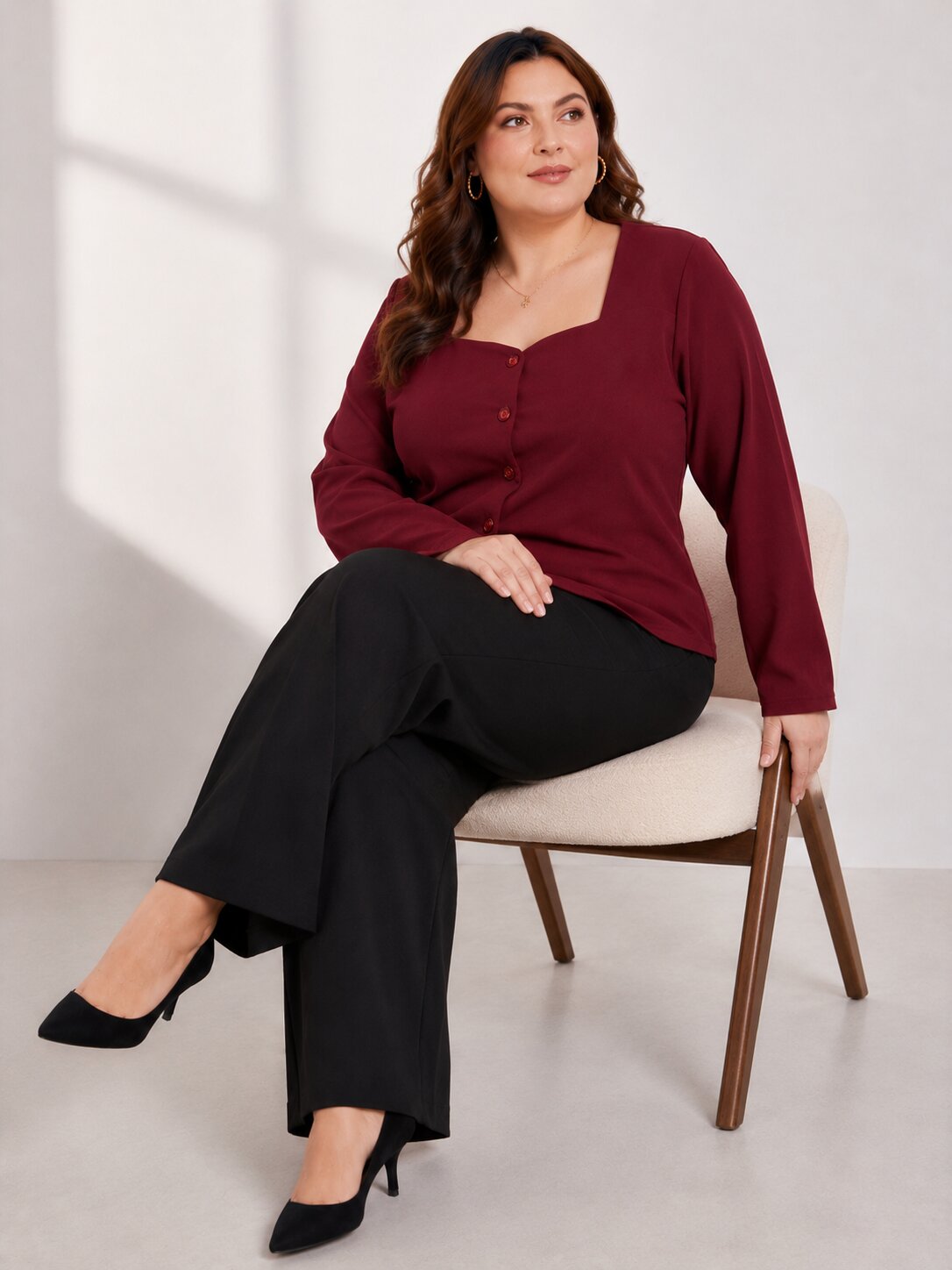 U&F Beyond Plus Size Maroon Square-Neck Button-Front Top