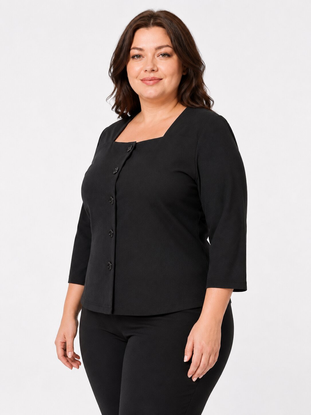 U&F Beyond Plus Size Black Solid Square-Neck Button-Front Top