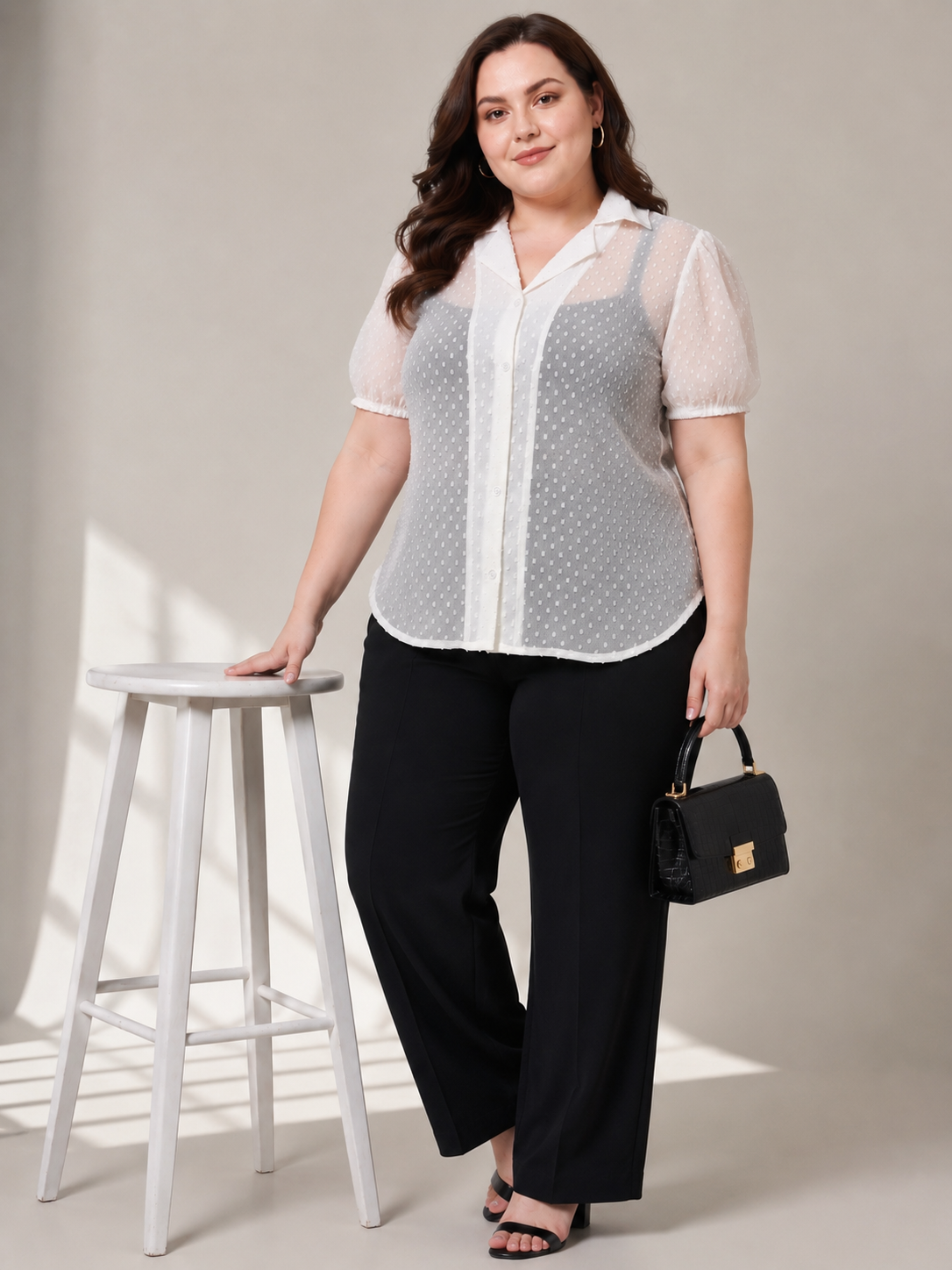 U&F Beyond White Dobby Georgette Plus Size Shirt Style Top