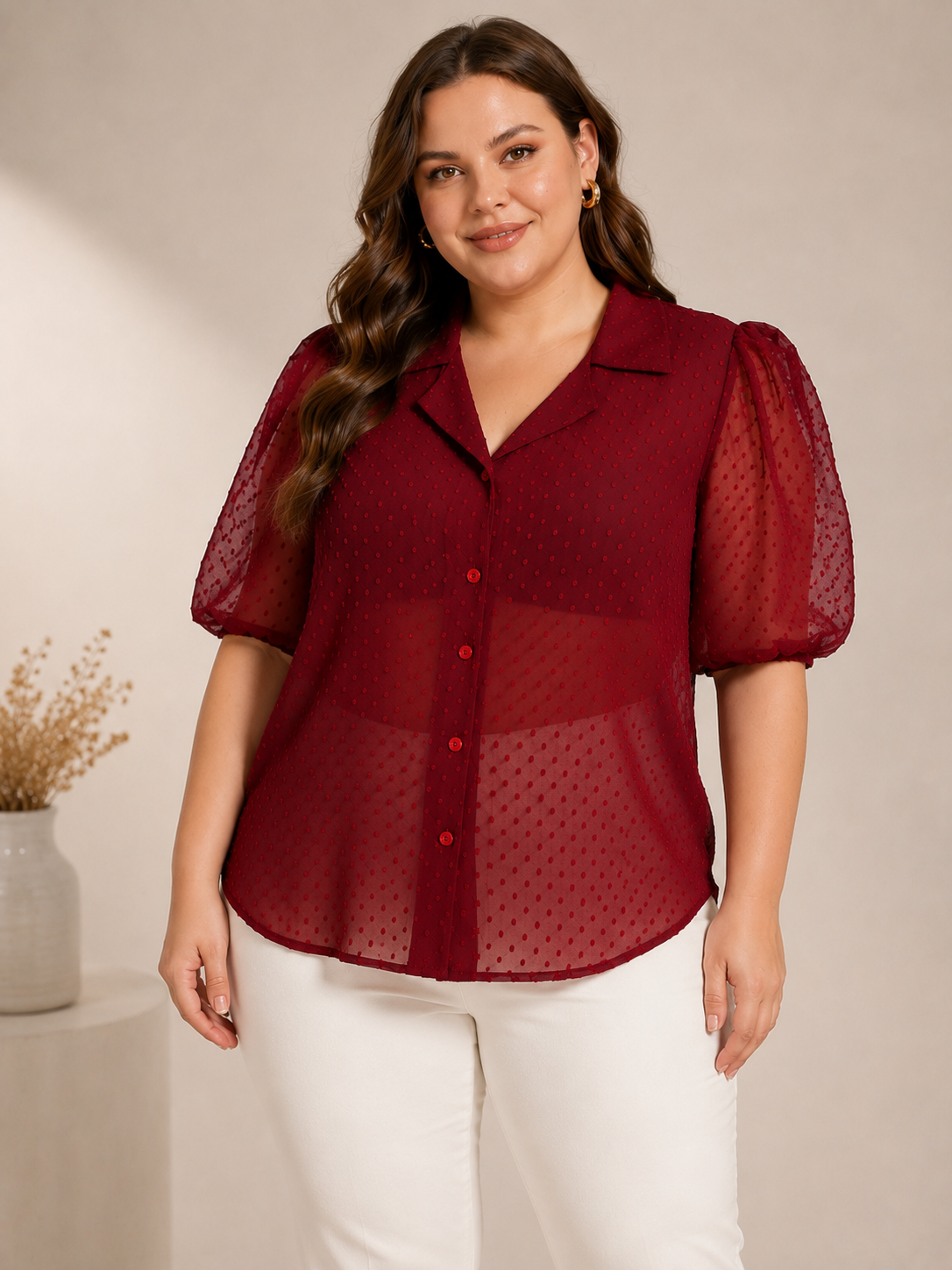 U&F Beyond Maroon Swiss Dot Sheer Plus Size Shirt Style Top