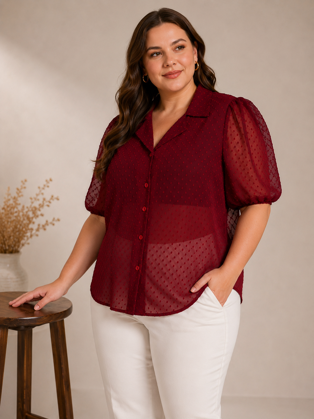 U&F Beyond Maroon Swiss Dot Sheer Plus Size Shirt Style Top