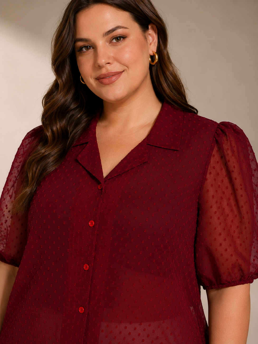 U&F Beyond Maroon Swiss Dot Sheer Plus Size Shirt Style Top