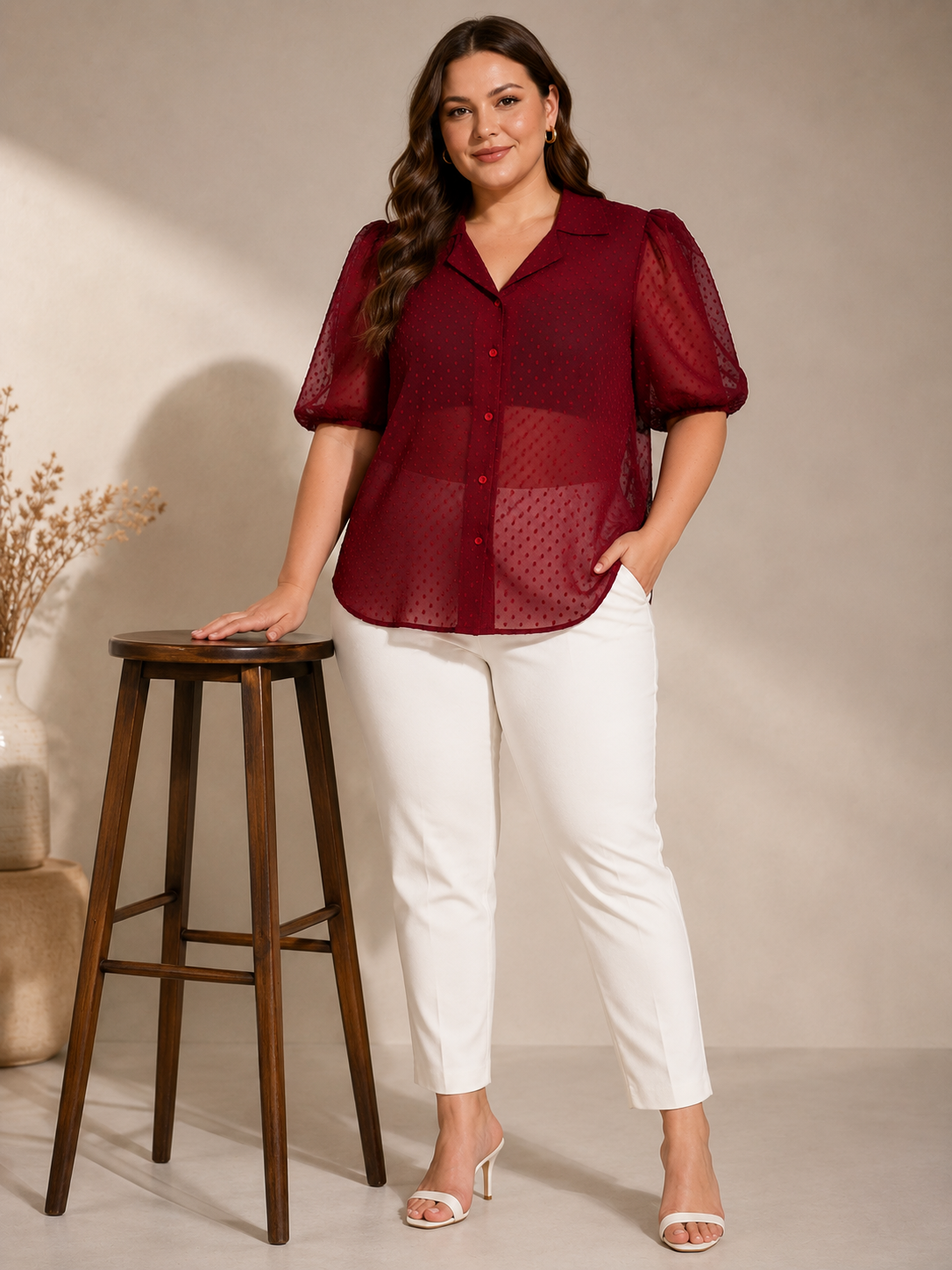 U&F Beyond Maroon Swiss Dot Sheer Plus Size Shirt Style Top