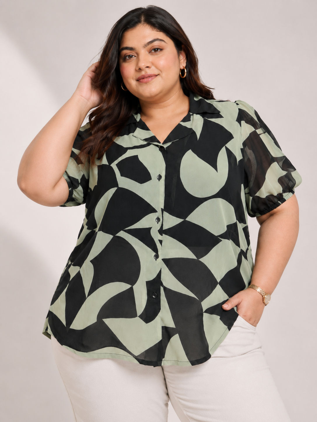 U&F Beyond Women Plus Size Sage Green & Black Abstract Print Georgette Shirt Style Top