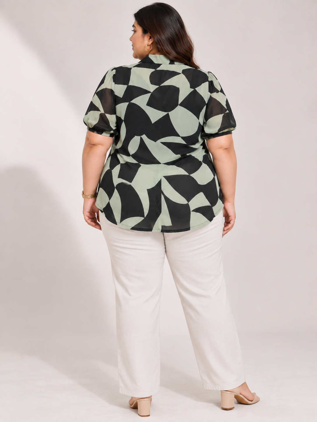 U&F Beyond Women Plus Size Sage Green & Black Abstract Print Georgette Shirt Style Top
