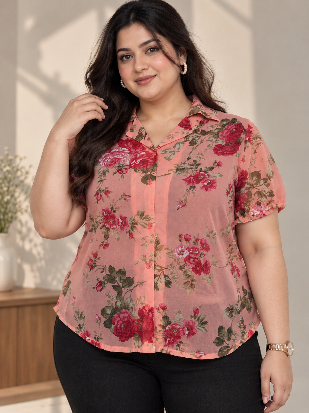 U&F Beyond Women Plus Size Pink Floral Print Georgette Shirt Style Top