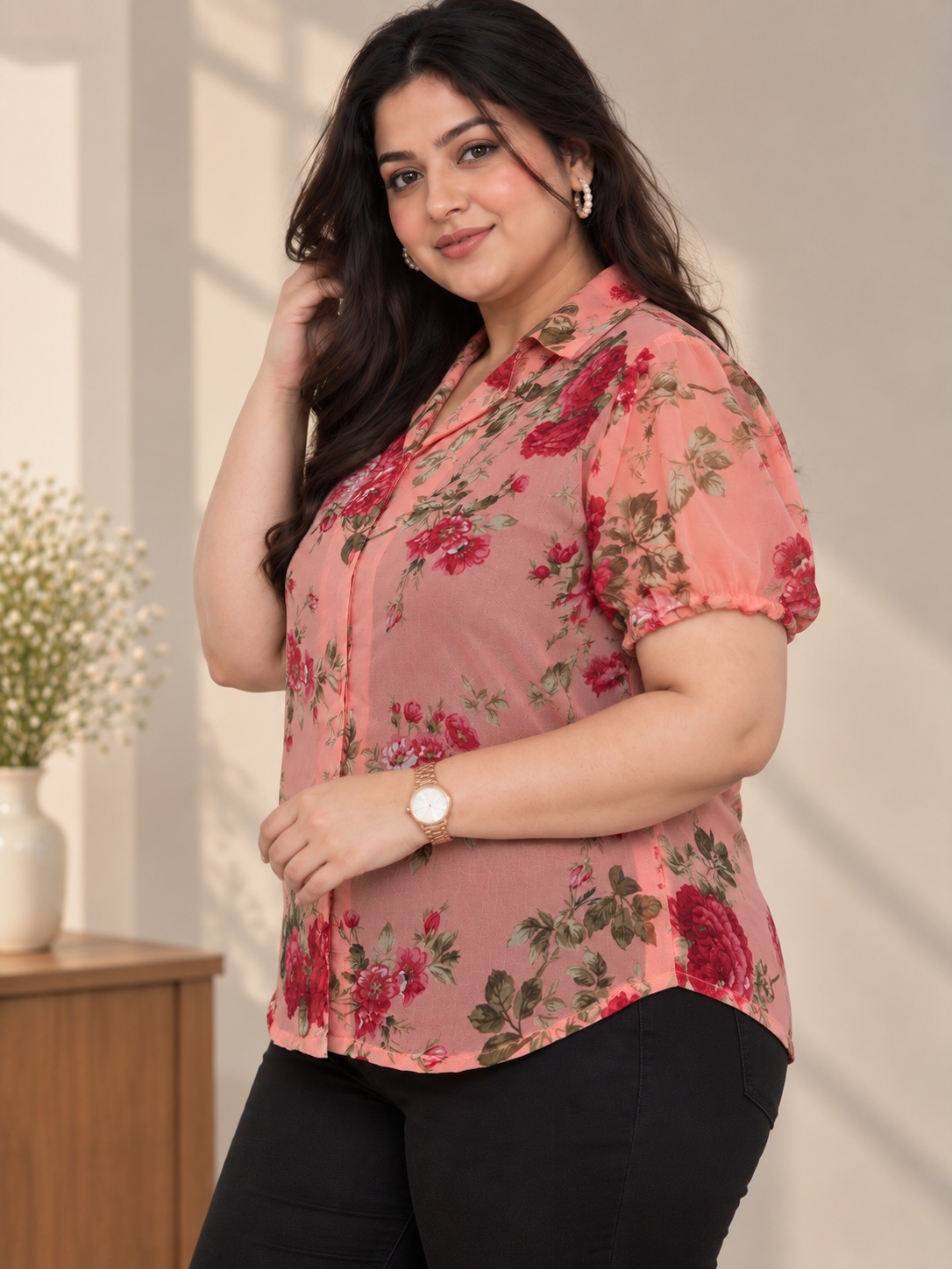 U&F Beyond Women Plus Size Pink Floral Print Georgette Shirt Style Top