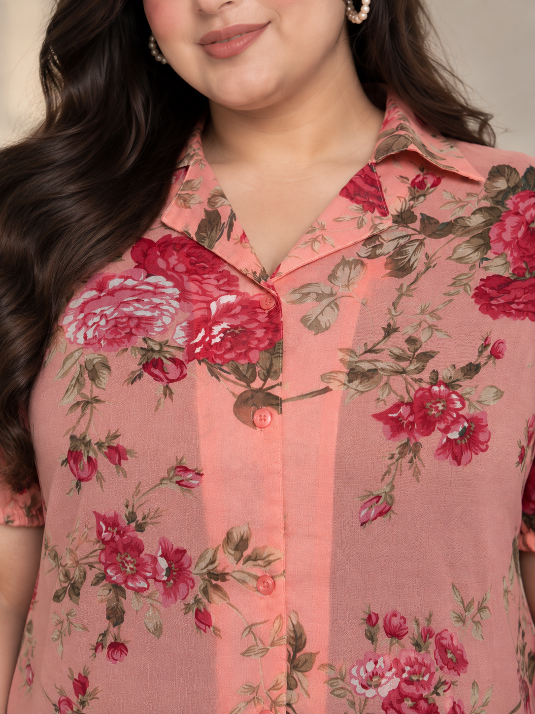 U&F Beyond Women Plus Size Pink Floral Print Georgette Shirt Style Top
