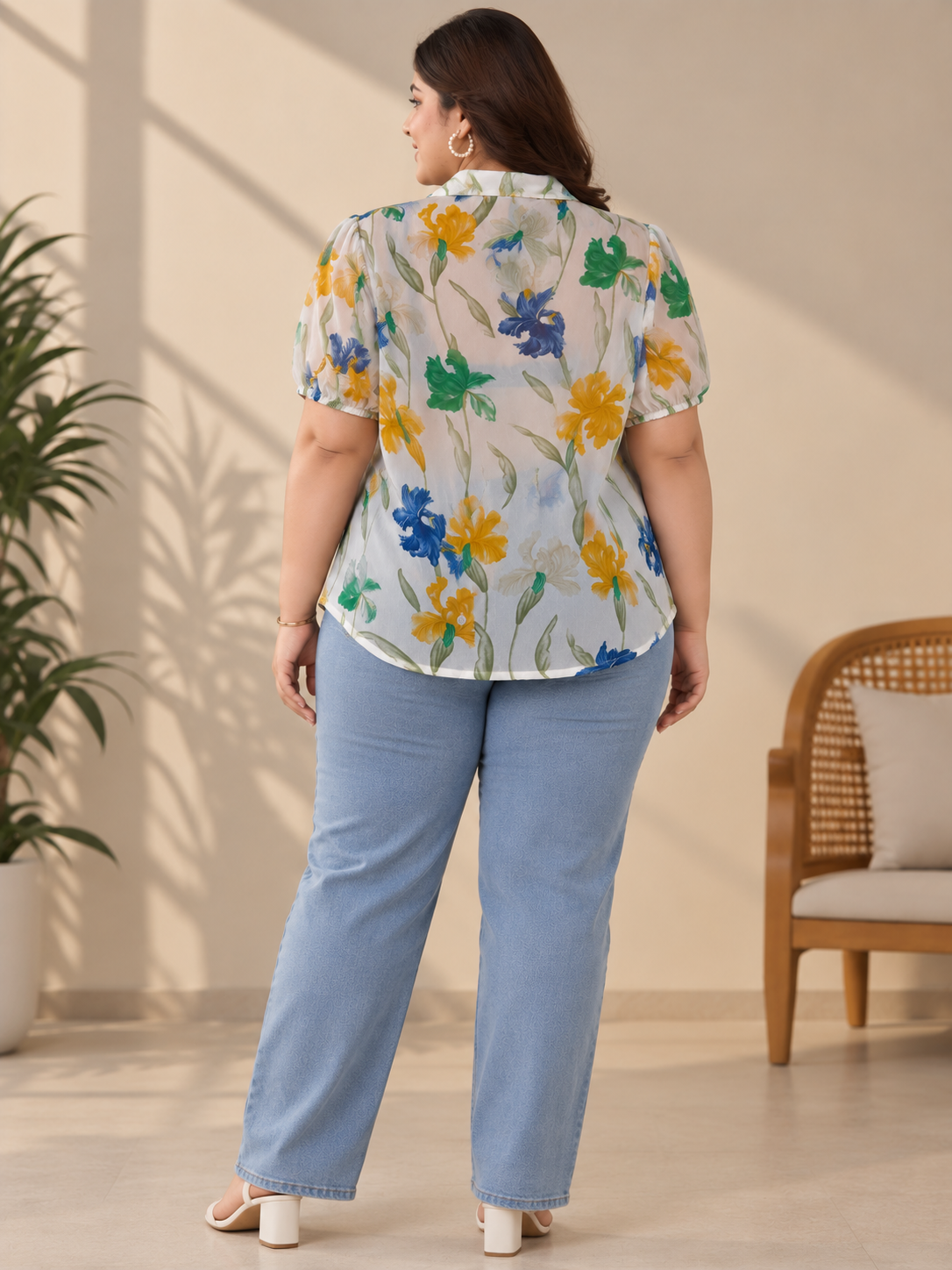 U&F Beyond Women Plus Size White Floral Print Georgette Shirt Style Top