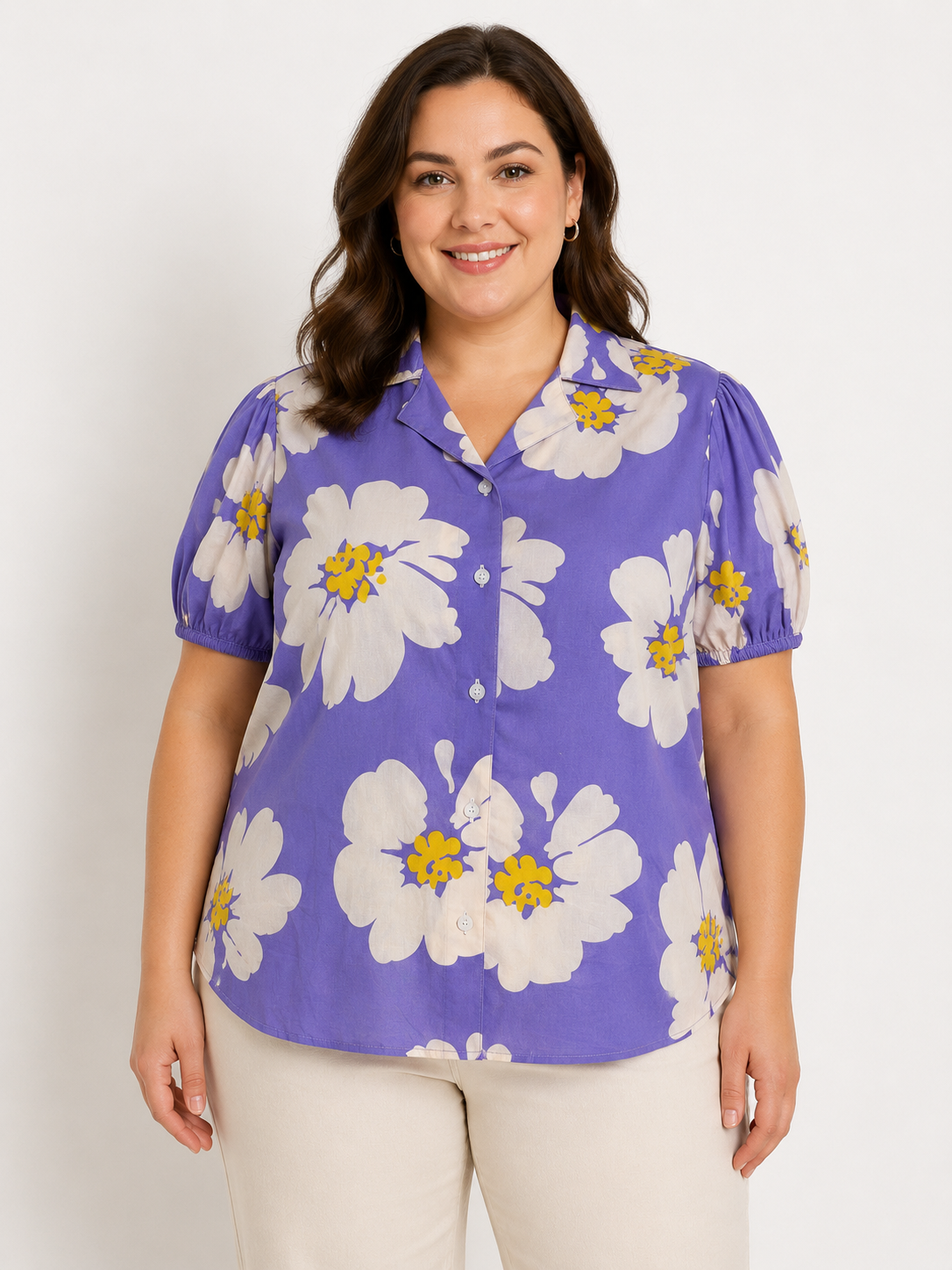 U&F Beyond Plus Size Lavender Floral Printed Cotton Shirt
