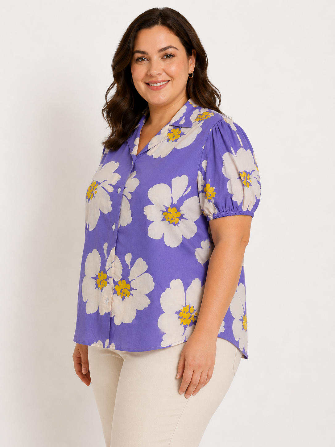U&F Beyond Plus Size Lavender Floral Printed Cotton Shirt